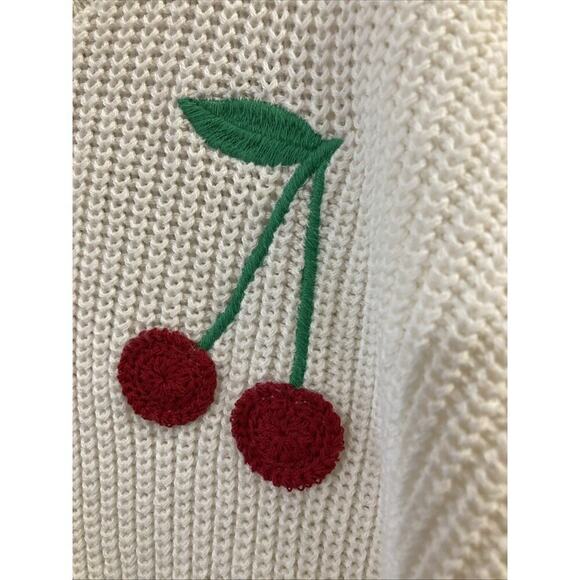 CYNTHIA ROWLEY Cherry Embroidered Sweater Sz S New Ivory Red Crochet Fruit Cute - Picture 2 of 7